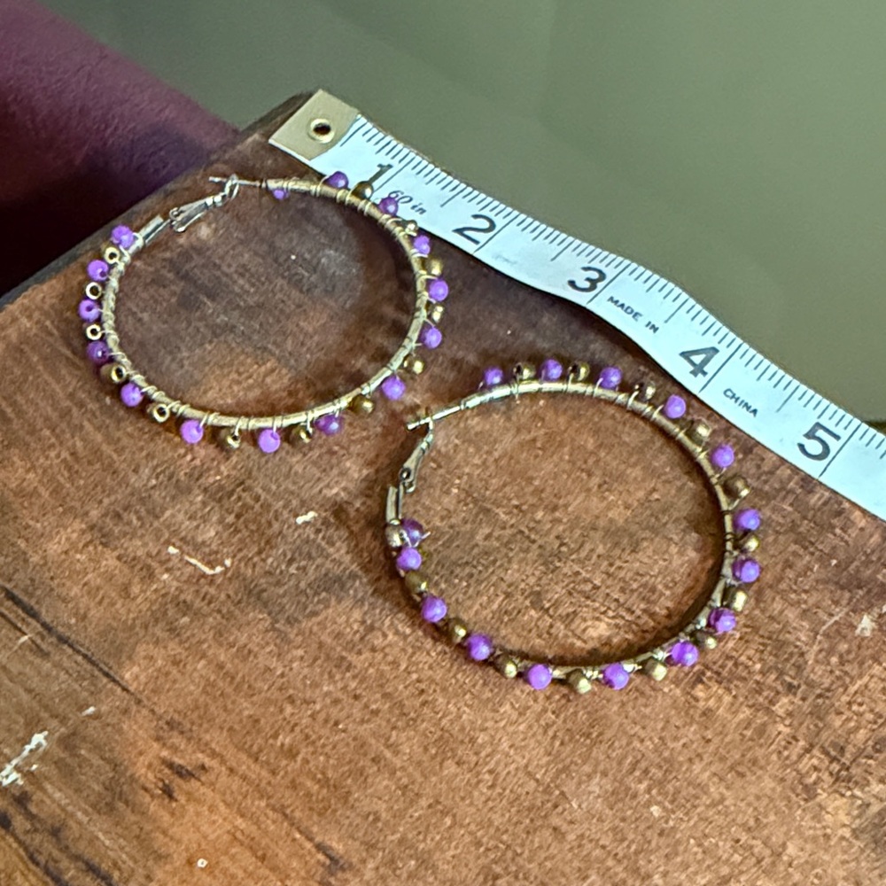 Vintage Purple and Gold Beaded Hoop Earrings Y2K - Picture 3 of 3